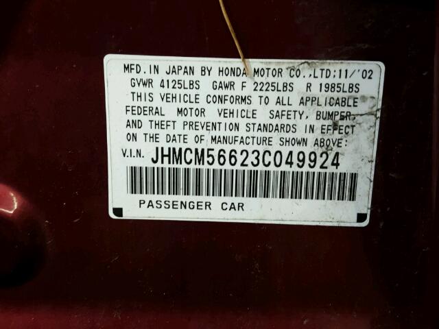 JHMCM56623C049924 - 2003 HONDA ACCORD EX BURGUNDY photo 10