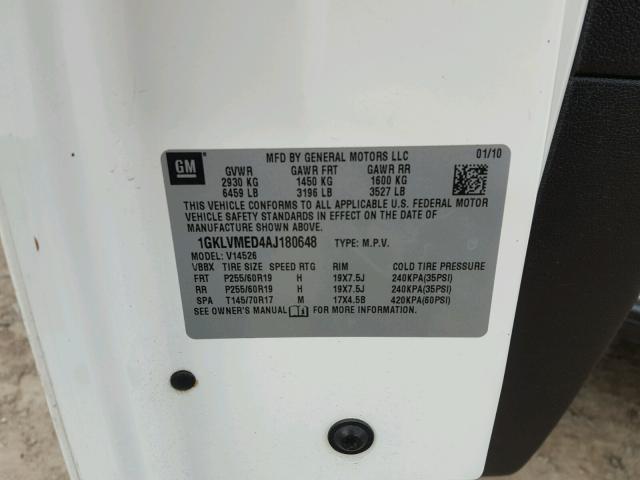 1GKLVMED4AJ180648 - 2010 GMC ACADIA SLT თეთრი ფოტო 10