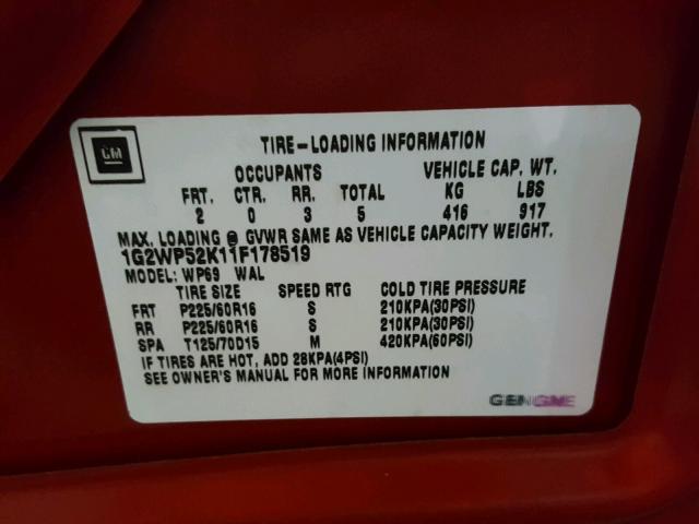 1G2WP52K11F178519 - 2001 PONTIAC GRAND PRIX RED photo 10