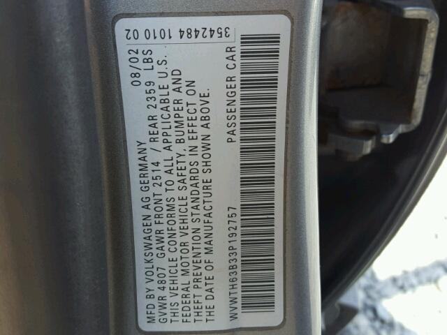 WVWTH63B33P192757 - 2003 VOLKSWAGEN PASSAT GLX 灰色 照片 10