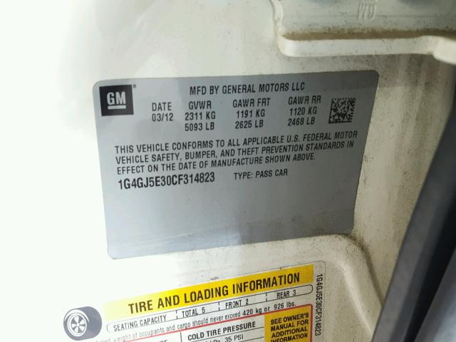 1G4GJ5E30CF314823 - 2012 BUICK LACROSSE T WHITE photo 10