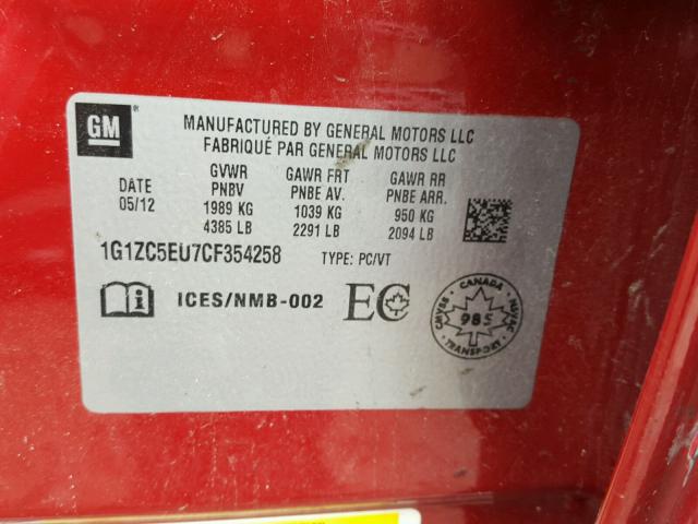 1G1ZC5EU7CF354258 - 2012 CHEVROLET MALIBU 1LT RED photo 10