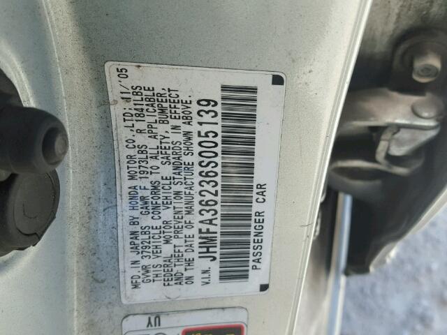 JHMFA36236S005139 - 2006 HONDA CIVIC HYBR SILVER photo 10