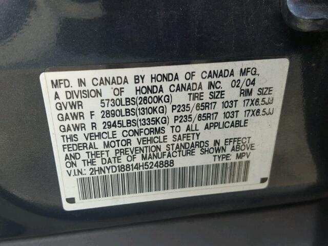 2HNYD18814H524888 - 2004 ACURA MDX TOURIN GRAY photo 10