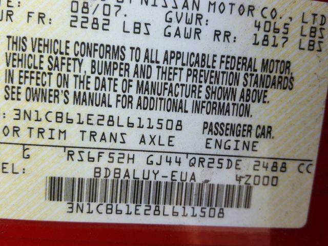 3N1CB61E28L611508 - 2008 NISSAN SENTRA SE- RED photo 10