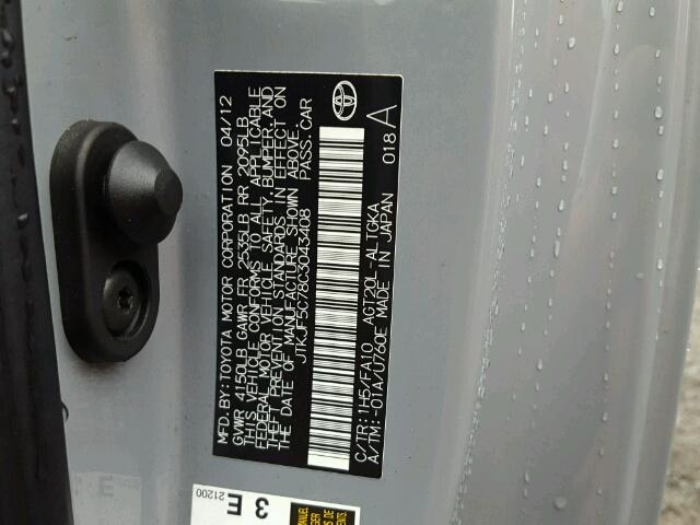 JTKJF5C78C3043408 - 2012 TOYOTA SCION TC GRAY photo 10