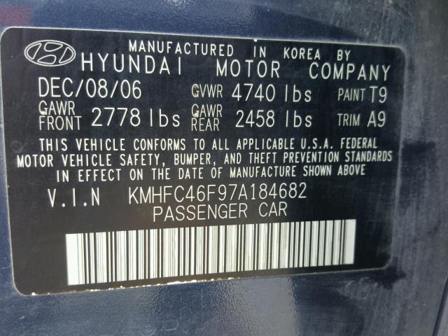 KMHFC46F97A184682 - 2007 HYUNDAI AZERA SE BLUE photo 10