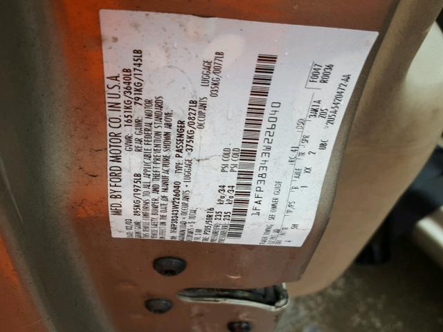 1FAFP38343W226040 - 2003 FORD FOCUS ZTS TAN photo 10