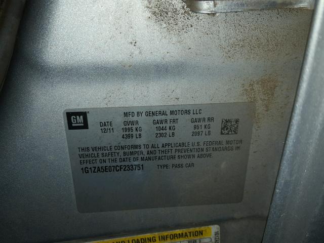 1G1ZA5E07CF233751 - 2012 CHEVROLET MALIBU LS 银色 照片 10