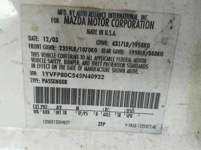 1YVFP80C545N40932 - 2004 MAZDA 6 I 白色 照片 10