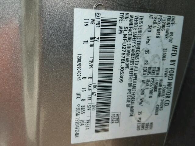 5LMFU27578LJ05309 - 2008 LINCOLN NAVIGATOR SILVER photo 10