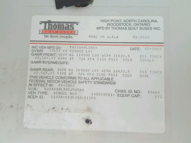 4UZAAXAL33CJ54560 - 2003 FREIGHTLINER CHASSIS FS ყვითელი ფოტო 10
