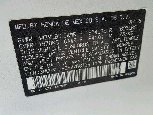 3HGGK5H83FM768739 - 2015 HONDA FIT EX WHITE photo 10