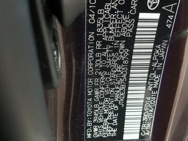 JTKDE3B75A0318799 - 2010 TOYOTA SCION TC 勃艮第红 照片 10