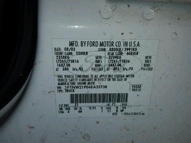 1FTNW21P04EA35738 - 2004 FORD F250 WHITE photo 10