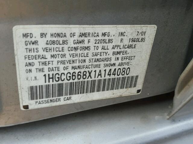 1HGCG668X1A144080 - 2001 HONDA ACCORD EX GRAY photo 10