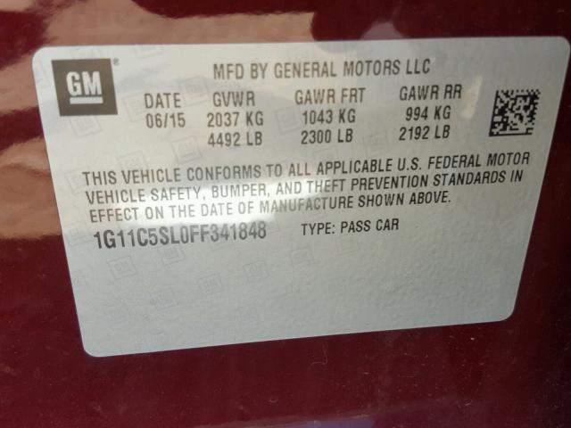 1G11C5SL0FF341848 - 2015 CHEVROLET MALIBU 1LT 烧焦的 照片 10