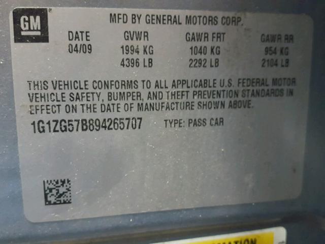 1G1ZG57B894265707 - 2009 CHEVROLET MALIBU LS ლურჯი ფოტო 10