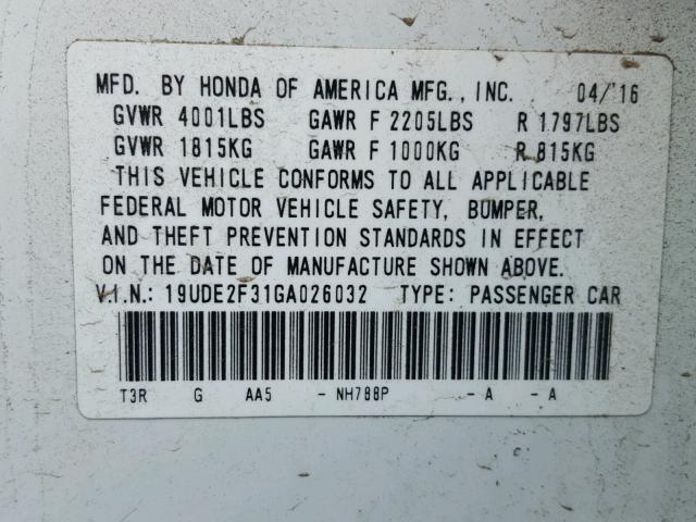 19UDE2F31GA026032 - 2016 ACURA ILX BASE WHITE photo 10