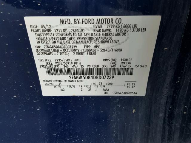 2FMGK5D84DBD07239 - 2013 FORD FLEX LIMIT BLUE photo 10