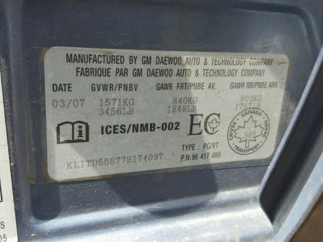 KL1TD55677B174097 - 2007 CHEVROLET AVEO BASE Mavi foto 10