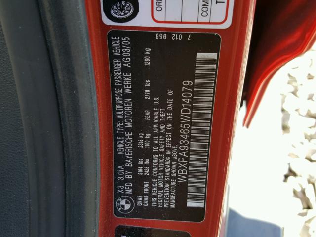 WBXPA93465WD14079 - 2005 BMW X3 3.0I RED photo 10