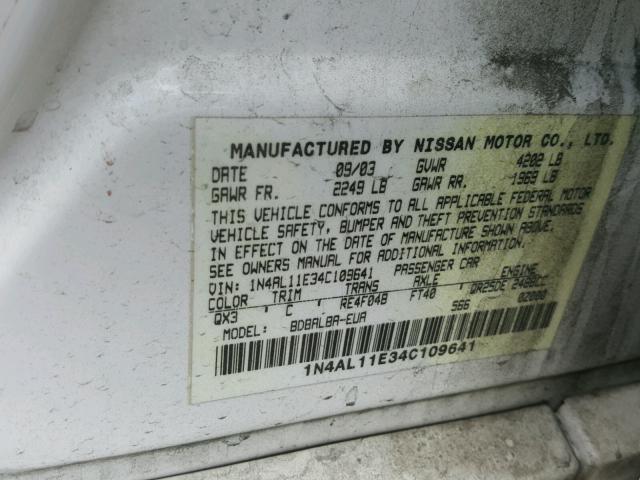 1N4AL11E34C109641 - 2004 NISSAN ALTIMA BAS WHITE photo 10