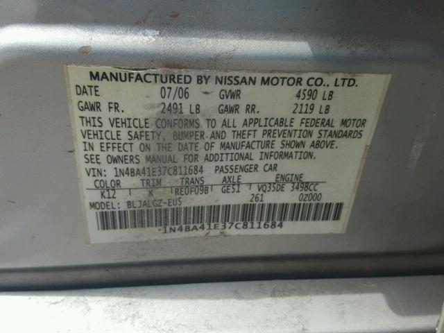 1N4BA41E37C811684 - 2007 NISSAN MAXIMA SE SILVER photo 10