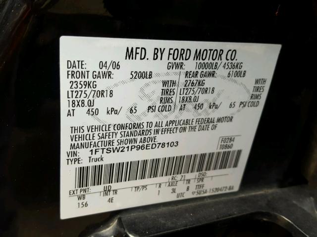 1FTSW21P96ED78103 - 2006 FORD F 250 BLACK photo 10