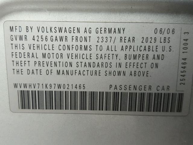 WVWHV71K97W021465 - 2007 VOLKSWAGEN NEW GTI SILVER photo 10