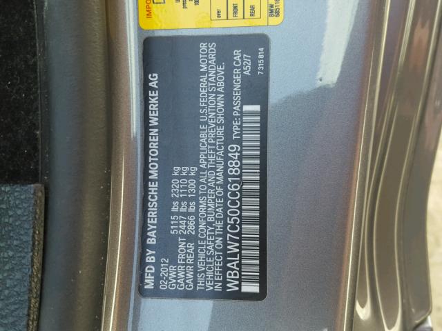 WBALW7C50CC618849 - 2012 BMW 640 I GRAY photo 10