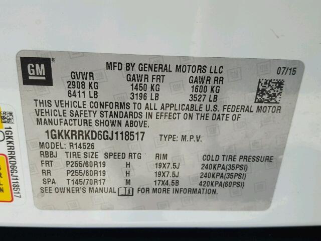 1GKKRRKD6GJ118517 - 2016 GMC ACADIA SLT Biały zdjęcie 10