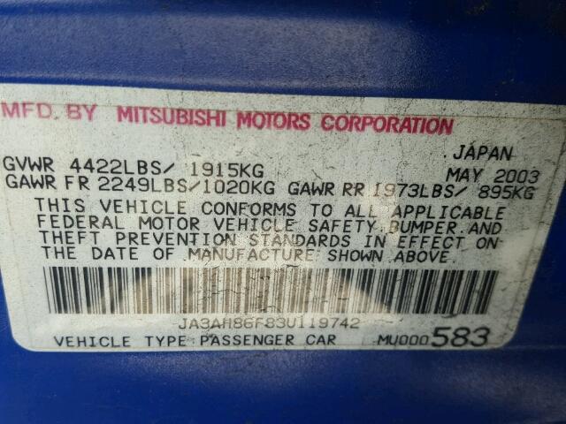 JA3AH86F83U119742 - 2003 MITSUBISHI LANCER EVO BLUE photo 10