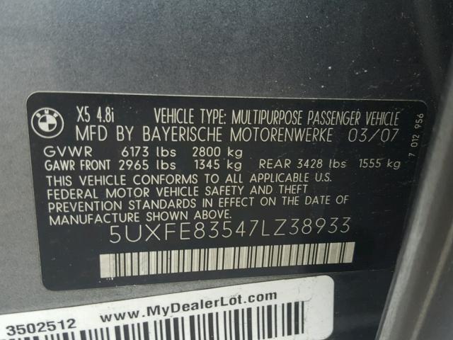 5UXFE83547LZ38933 - 2007 BMW X5 4.8I GRAY photo 10