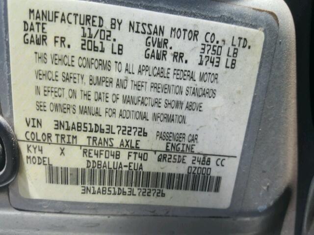 3N1AB51D63L722726 - 2003 NISSAN SENTRA SE- SILVER photo 10