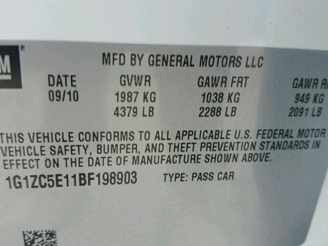 1G1ZC5E11BF198903 - 2011 CHEVROLET MALIBU 1LT 白色 照片 10