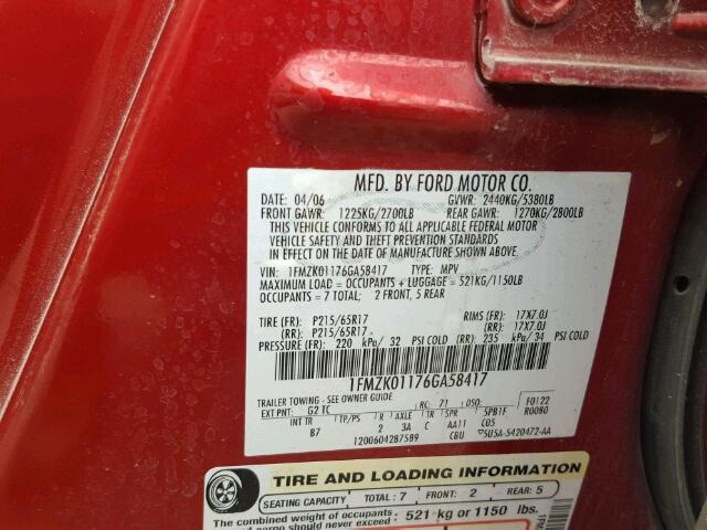 1FMZK01176GA58417 - 2006 FORD FREESTYLE RED photo 10