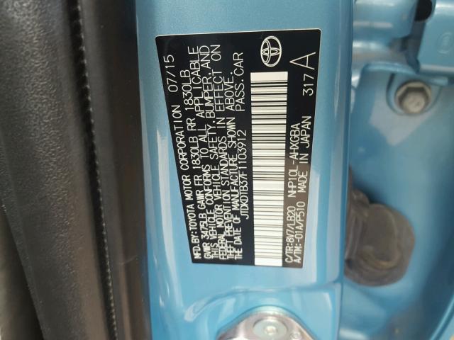 JTDKDTB37F1103912 - 2015 TOYOTA PRIUS C BLUE photo 10