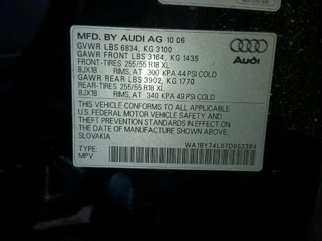 WA1BY74L07D052384 - 2007 AUDI Q7 3.6 QUA BLACK photo 10