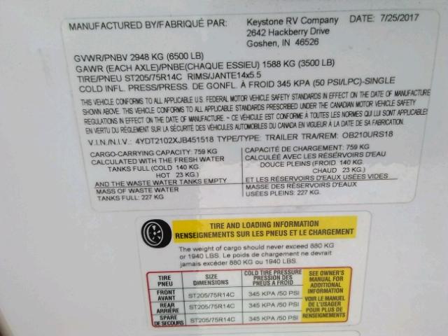 4YDT2102XJB451518 - 2018 KEYSTONE OUTBACK WHITE photo 10