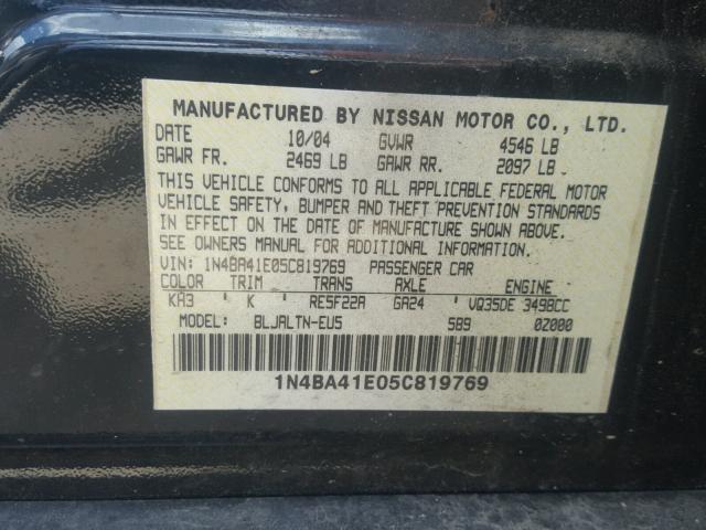 1N4BA41E05C819769 - 2005 NISSAN MAXIMA SE BLACK photo 10