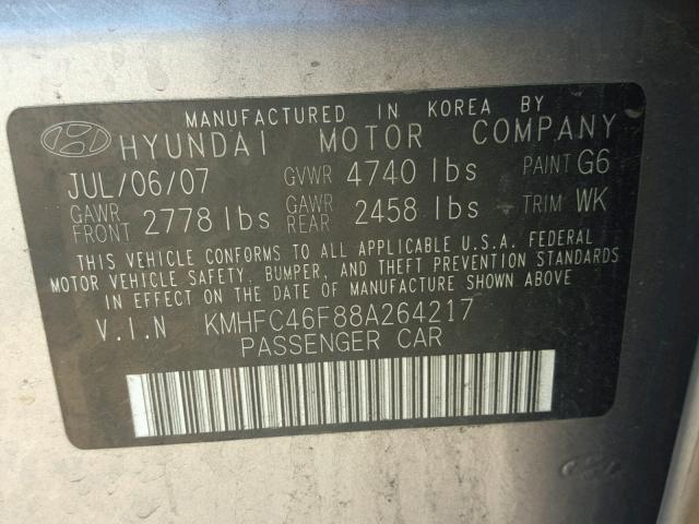 KMHFC46F88A264217 - 2008 HYUNDAI AZERA SE GRAY photo 10