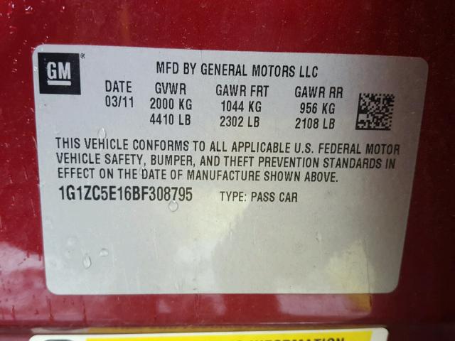 1G1ZC5E16BF308795 - 2011 CHEVROLET MALIBU 1LT MAROON photo 10