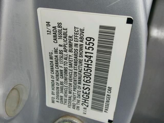 2HGES16305H541559 - 2005 HONDA CIVIC DX V SILVER photo 10