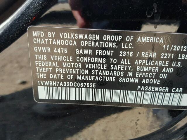 1VWBH7A33DC067535 - 2013 VOLKSWAGEN PASSAT SE BLACK photo 10