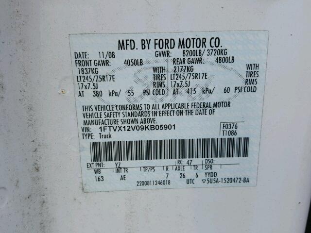 1FTVX12V09KB05901 - 2009 FORD F150 SUPER WHITE photo 10