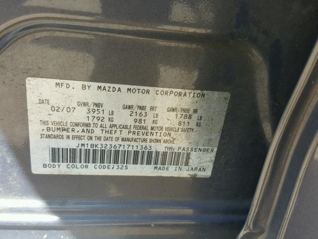 JM1BK323671711363 - 2007 MAZDA 3 S GRAY photo 10