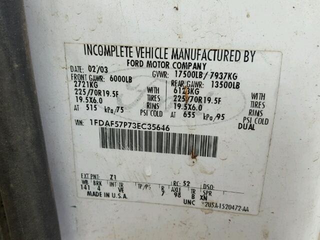 1FDAF57P73EC35646 - 2003 FORD F550 WHITE photo 10