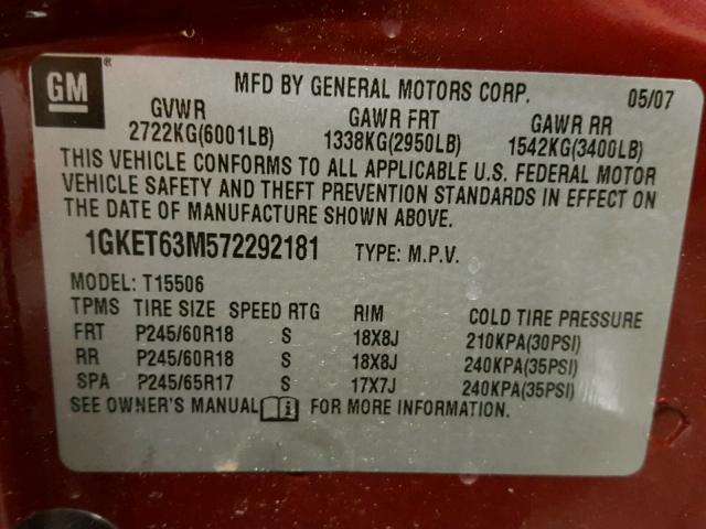 1GKET63M572292181 - 2007 GMC ENVOY DENA RED photo 10