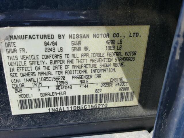 1N4AL11D85C156270 - 2005 NISSAN ALTIMA S SILVER photo 10